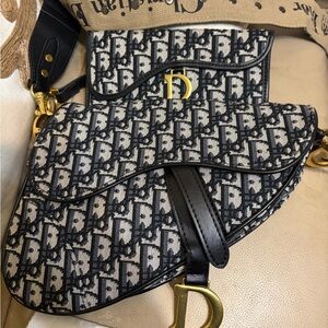 Designer-Inspired Black & White Saddle Crossbody with Gold Hardware